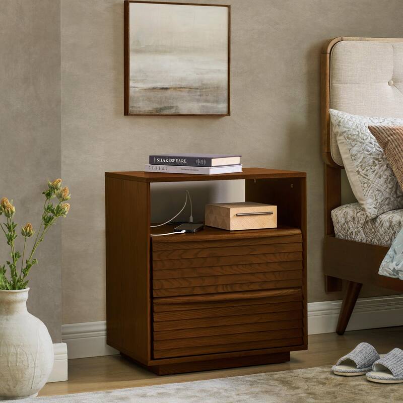 Mid Century Modern Nightstand with Charging Station & Outlet Hole & 2 Solid Wood Drawers