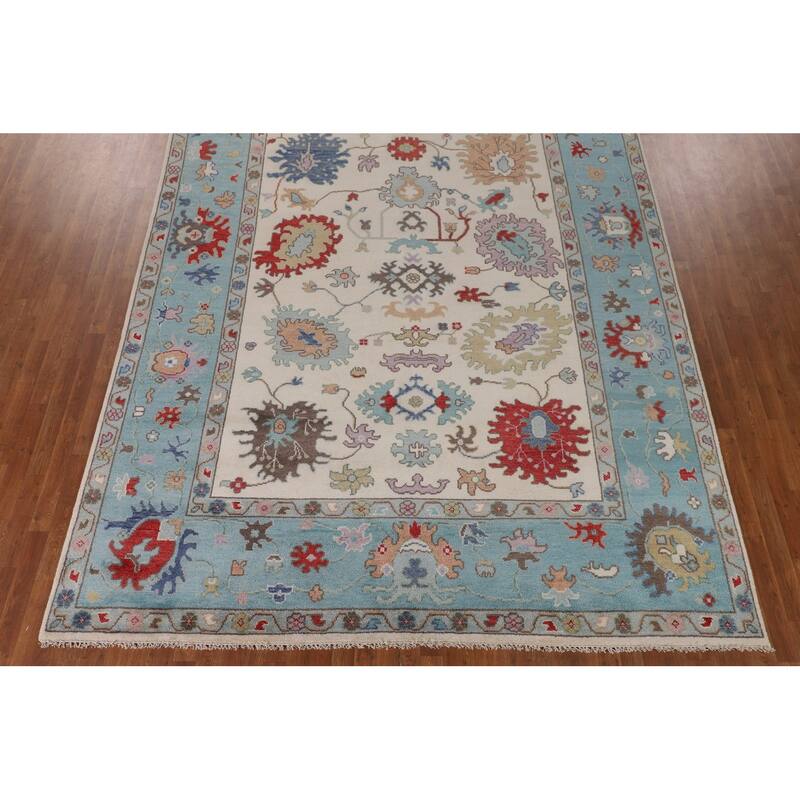 Beige / Ivory Floral Oushak Area Rug Hand-Knotted Wool Carpet - 9'1" x 11'9"