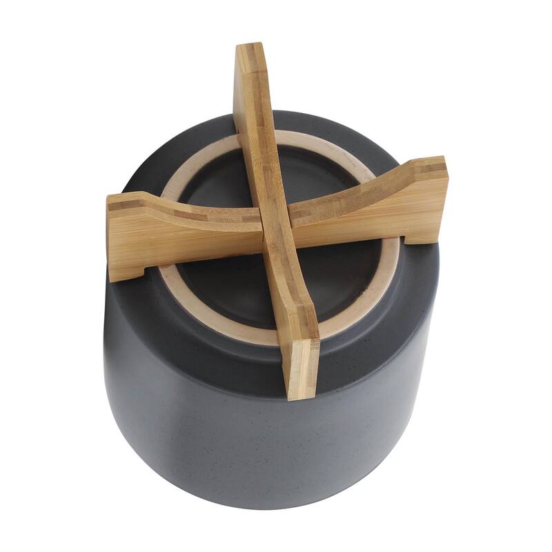 8" Ceramic Planter with Wooden Stand, Matte Grey