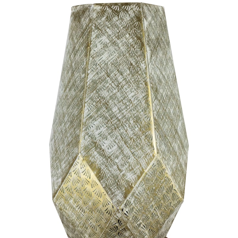 Laser-Cut Iron Table Lamp With Wooden Base - 16.75" - Gold and Brushed White - 16.75