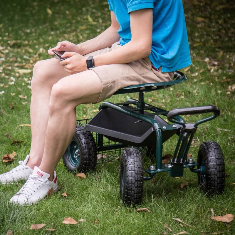 Kinbor Garden Cart Seat with Wheels, Rolling Garden Scooter with 360°Swivel Seat Extendable Steer Handle & Storage Basket