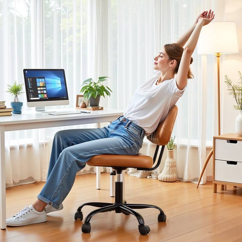 Small Armless Office Desk Chair with Wheels and Low Back Lumbar Support, Comfy Cute PU Leather Vanity Rolling Swivel Task Chair