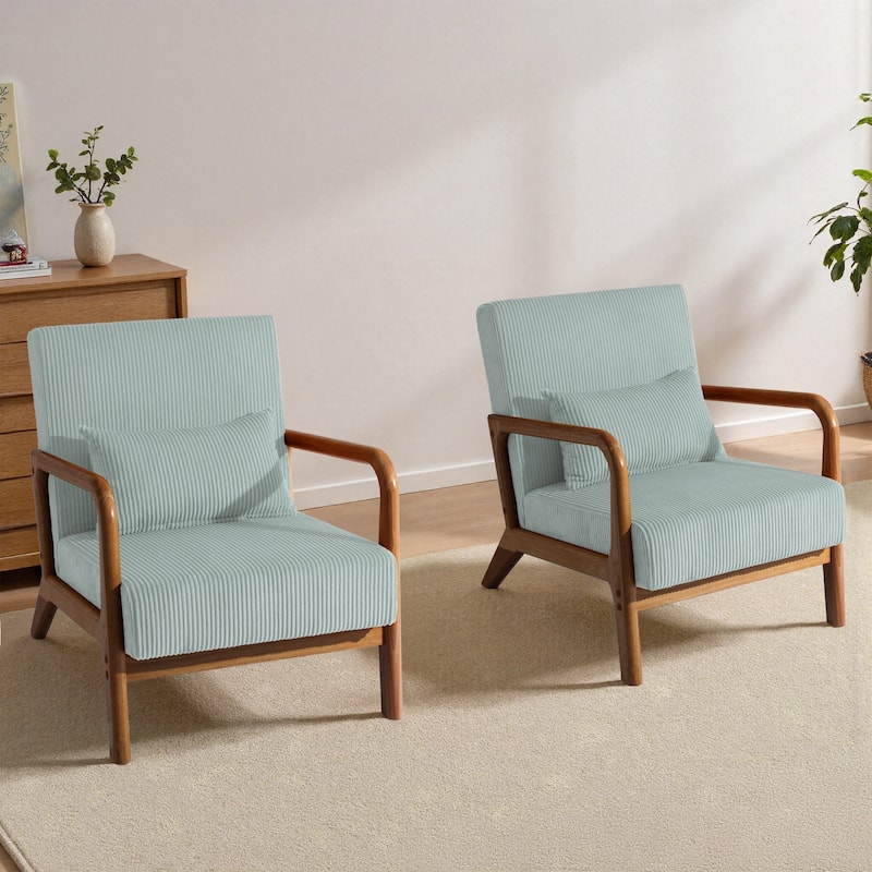 25" W Mid Century Upholstered Wood Accent Chair with Pillow set of 2 - Dark Wood - Light Blue