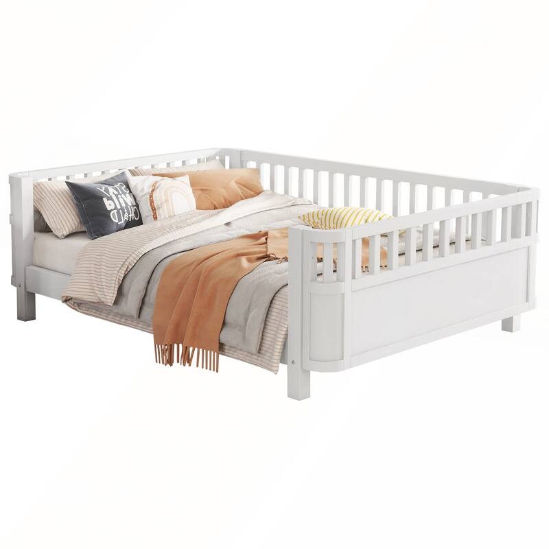 Wood Platform Bed with Rails for Girls and Boys