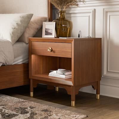 Furniture of America Forma Mid-Century Modern Walnut Solid Wood Nightstand With LED Light and USB Ports