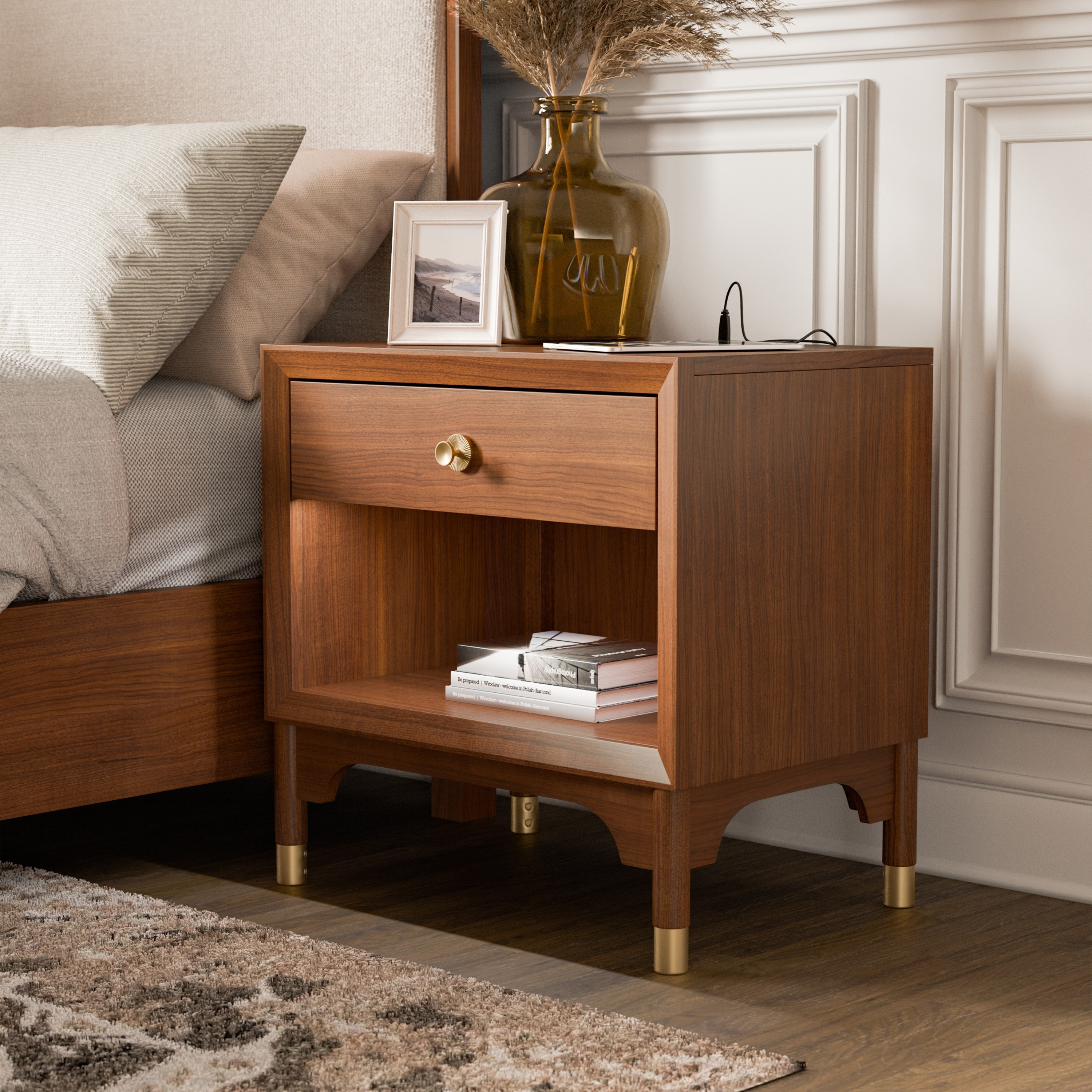 Furniture of America Forma Mid-Century Modern Walnut Solid Wood Nightstand With LED Light and USB Ports