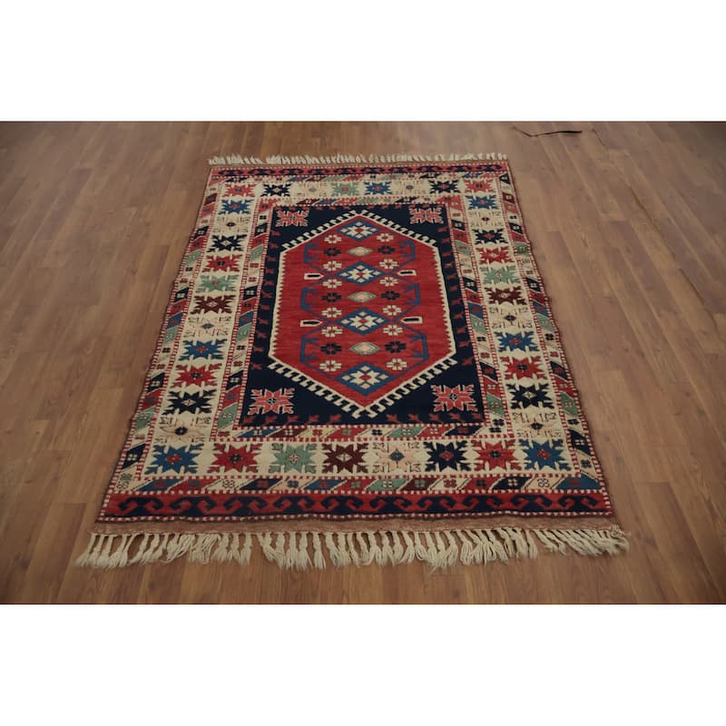 Hand Knotted Oriental 100% Wool Carpet Transitional Geometric Red Anatolian Area Rug - 5' 4'' X 3' 10''