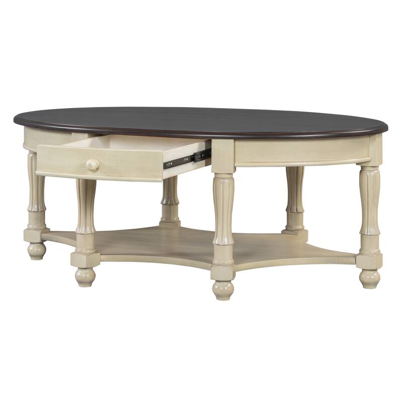 Oval Coffee Table with Drawer and Storage Shelf, 45"Antique Cocktail Table French Country Center Table for Living Room
