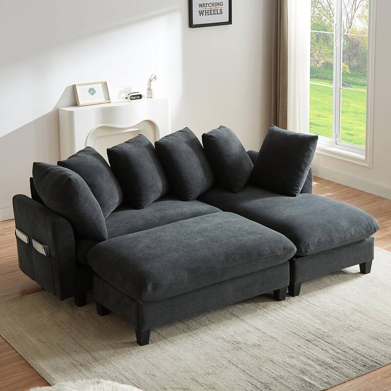 83" L-shaped Sectional Sofa with Storage, Ottoman, Pillows, Black Chenille Upholstery