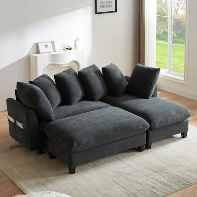 83" L-shaped Sectional Sofa with Storage, Ottoman, Pillows, Black Chenille Upholstery