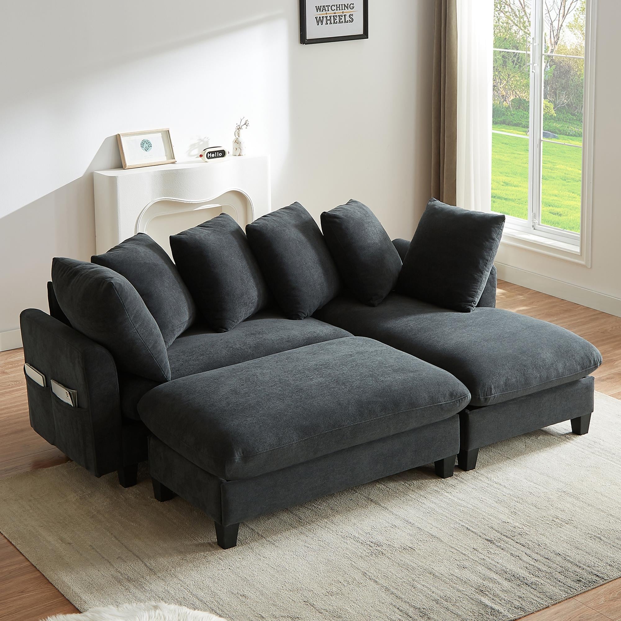 Modern Upholstered Chenille Sectional Sofa with Movable Ottoman and Hidden Storage and Throw Pillows for Living Room