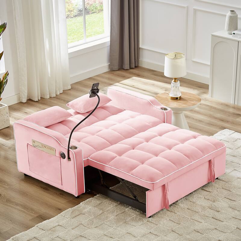 Convertible Sofa Bed with Adjustable Back, USB Charger, and Pillows for Living Room or Office
