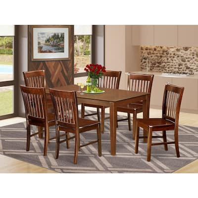 HomeStock 7-Piece Rectangle Mahogany Finish Solid Wood Top Dining Table with 6 Slat Back Dining Chairs, Seats 6
