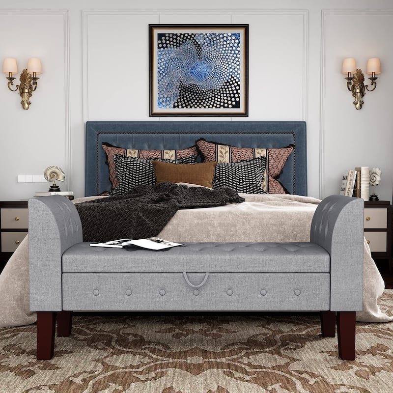 Storage Bench , Bedroom Bench with Arms Ottoman entryway bench with storage - Grey