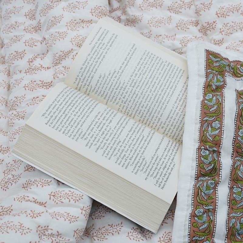 Elegant Hand Block Print Cotton Quilt Kamal Dutta Brown Green, Luxury Artisan Bedding, Reversible Decorative Bedspread for Décor