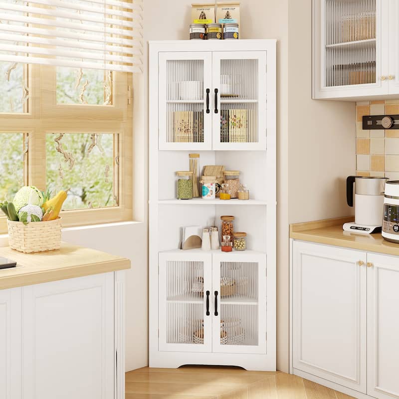 White MDF and Tempered Glass 6-Tier Corner Cabinet with Adjustable Shelves - 26" x 14" x 67" (L x W x H)