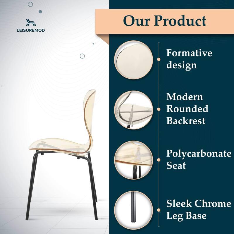 Stackable Plastic Dining Chair Transparent Set of 2 Modern Accent Side Chair for Indoor and Outdoor