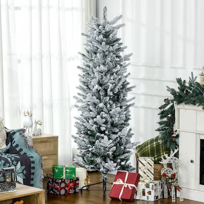 HOMCOM 6ft Tall Flocked Artificial Christmas Tree Holiday Décor with 477 Snow Branches, Auto Open, Steel Base, Green - 5.89 ft