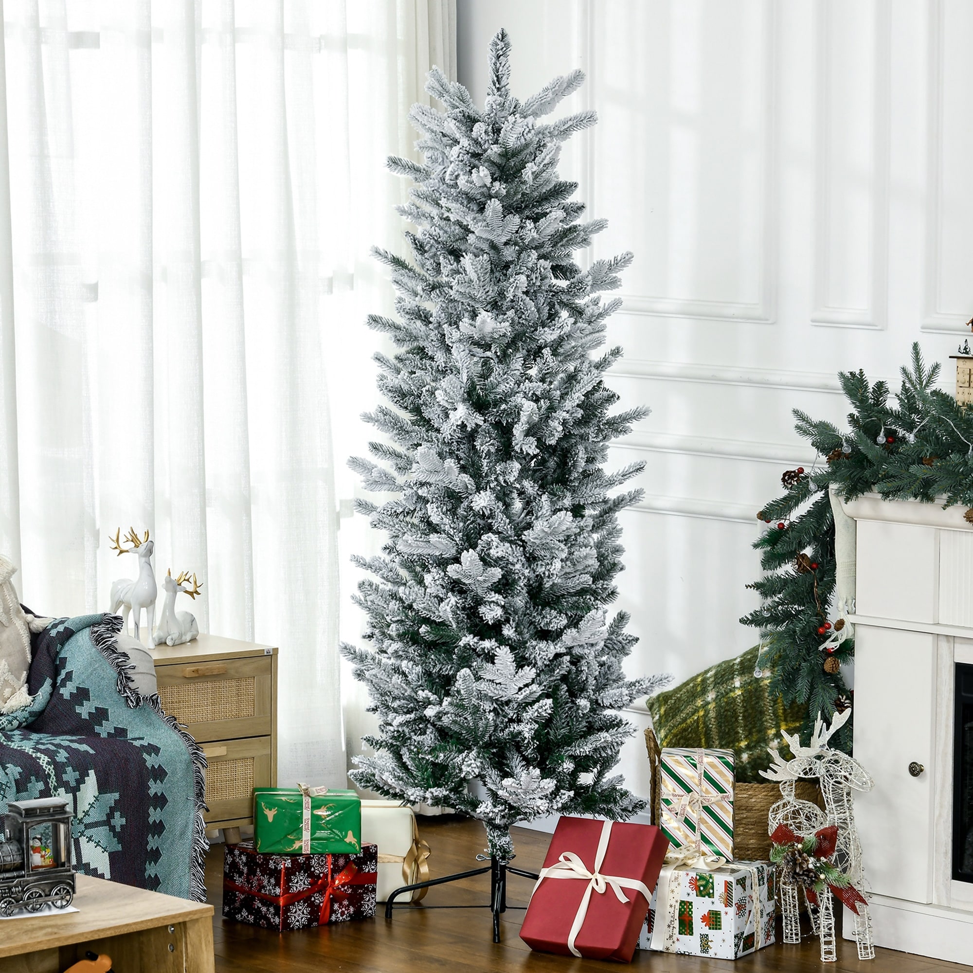 HOMCOM 6ft Tall Flocked Artificial Christmas Tree Holiday Décor with 477 Snow Branches, Auto Open, Steel Base, Green - 5.89 ft