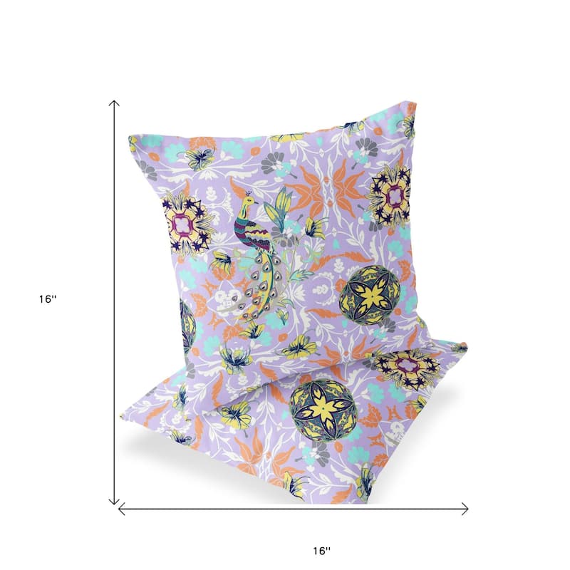 HomeRoots Set of Two 16" X 16" Purple and White Peacock Blown Seam Eclectic Indoor Outdoor Throw Pillow