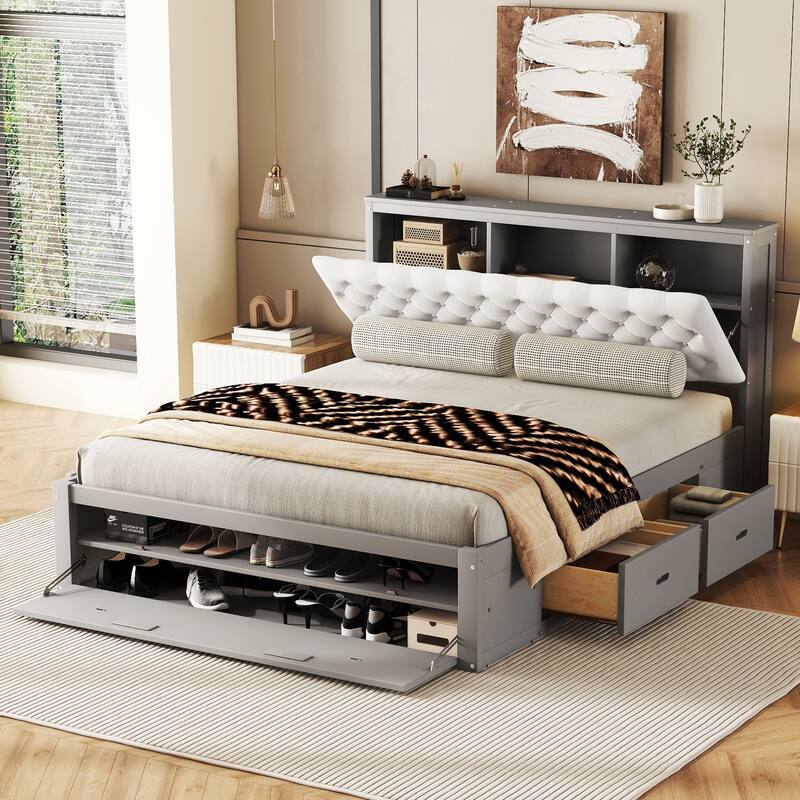 Roomfitters Queen Wood Platform Bed with Storage Headboard, Shoe Rack and Four Storage Compartments, Espresso - Gray