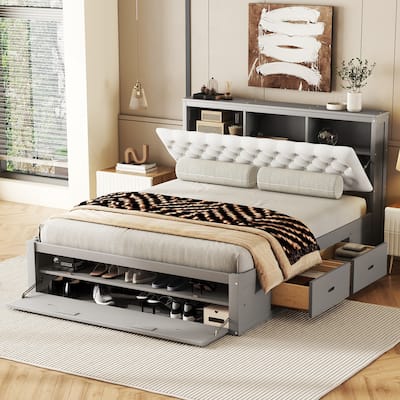 Wood Platform Bed with Storage Headboard, Shoe Rack and 4 Drawers