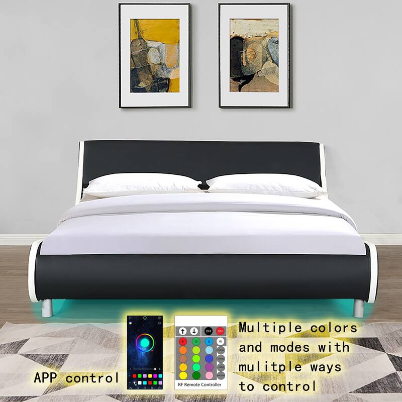 Queen Faux Leather Bed Frame with RGB LED Lighting, Remote/App Control, Wood Slat Support, Curved Design, No Box Spring Need