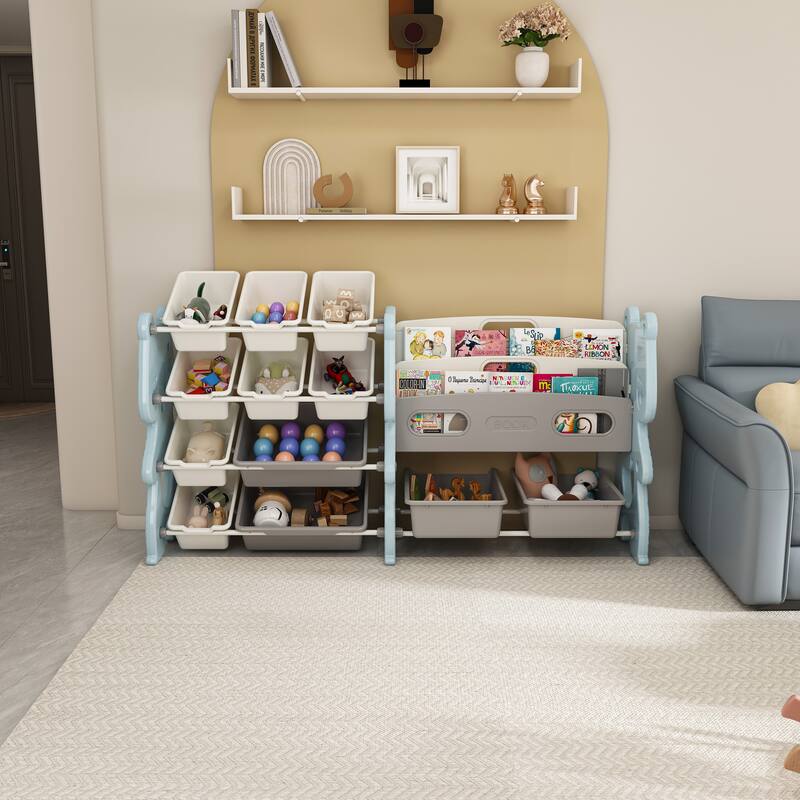 Kids Toy Storage Organizer, Toy Organizer with 2 Tier Bookshelf