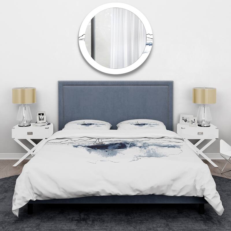 Designart 'Minimalistic Seascape With Black Mountains & Boat' Nautical & Coastal Duvet Cover Set