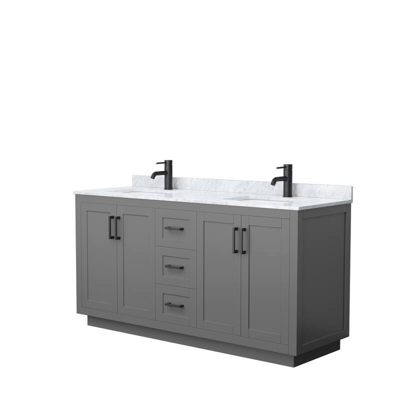 Miranda Double Vanity Set, White Carrara Marble Top, No Mirror - 66-Inch Double - Dark Gray, Black Trim, White Carrara Marble Top