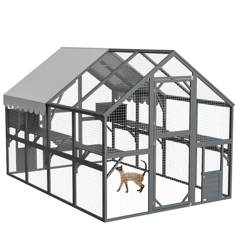 Extra Spacious Outdoor Catio - 110" Luxury Cat Haven with Roof, Ramp, Pod Bed & Lounging Huts