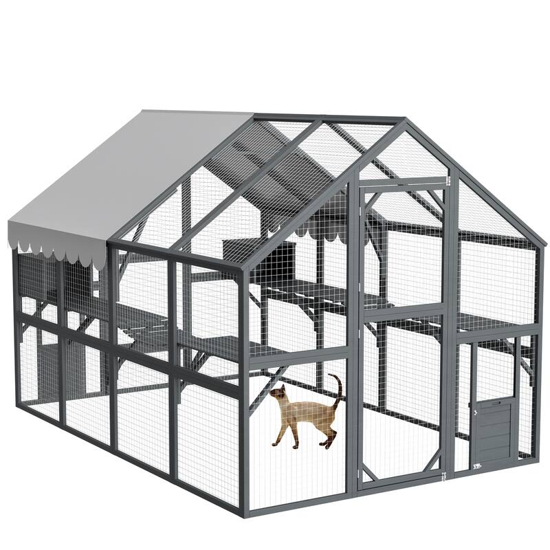 Large Catio Outdoor Cat Enclosure, Outside Cattery with Weatherproof Roof, Cat Scratcher Ramp & Cat Space Capsule Bed