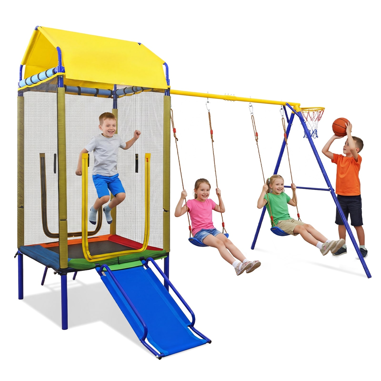 Gymax 5-in-1 Kids Swing Set w/Trampoline Roof 2 Belt Swings Slide