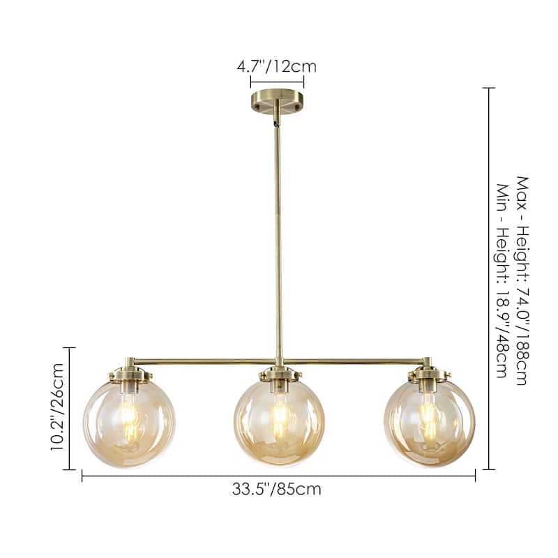 3-Light 33.46" Modern Gold & Antique Bronze Amber Glass Globe Linear Pendant - 33.46" W × 10.24" H × 7.87" D