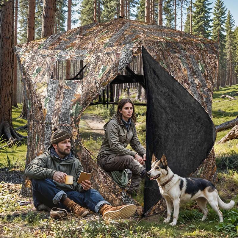 Moasis Hunting Blind 2-3 Person with Hunting Stool, 360 Degree See Through Pop up Ground Blinds for Hunting