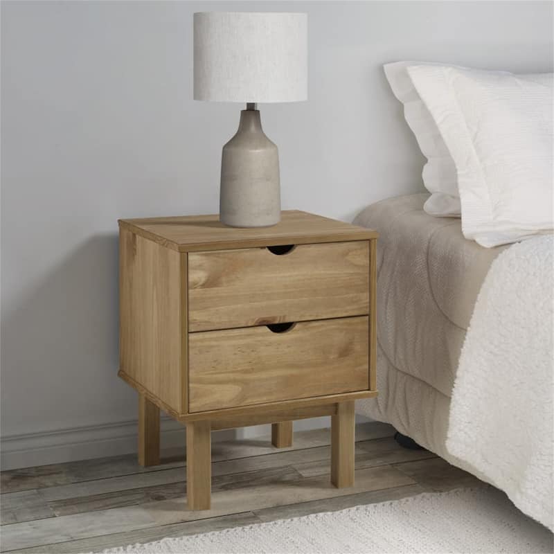 Solid Wood Pine Bedside Cabinet with 2 Drawers - Brown