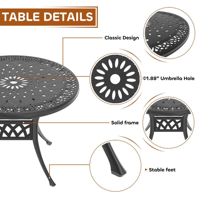 3/5-Piece Cast Aluminum Outdoor Dining Set with 35.43 in. Round Table and Random Color Cushions