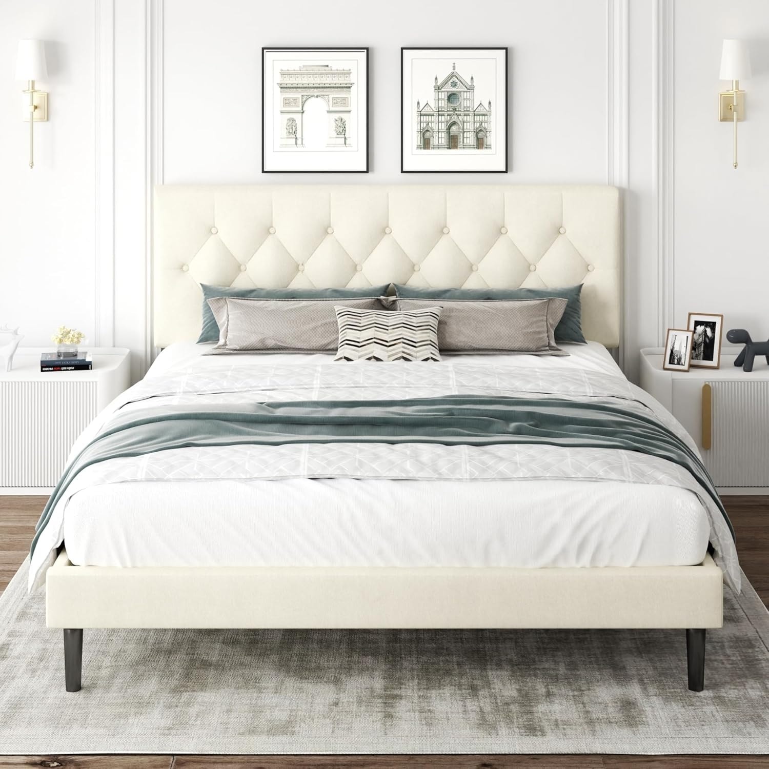 King Size Bed Frame with Upholstered Headboard, Button Tufted Design, Wooden Slats, Noise Free, Easy Assembly