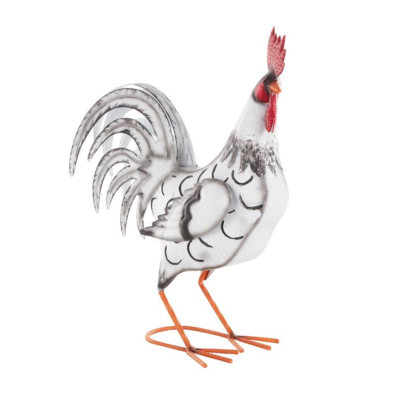White Metal Rooster Garden Sculpture with Black Texturing and Red Accents