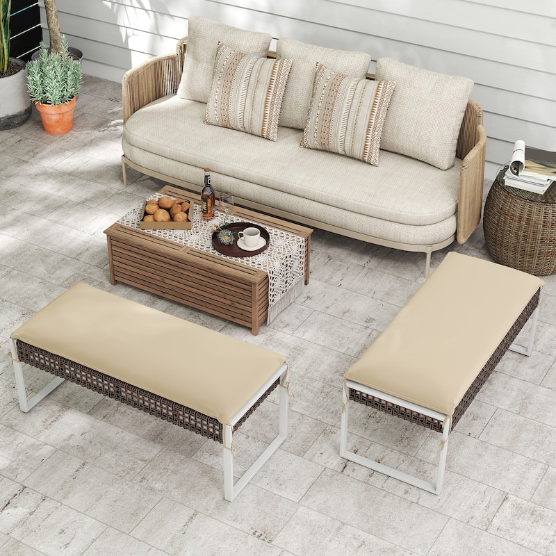 2-Piece Patio Ottoman Set Woven PE Rattan Footstools with Beige Cushions for Outdoor Seating - 44.5" x 18.5" x 16.5"