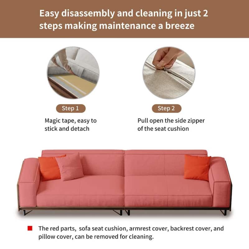 Mid-Century Modern 4 Seater Sofa Walnut Cotton Linen Upholstery, Removable Washable Covers, Deep Cushions with Pillows