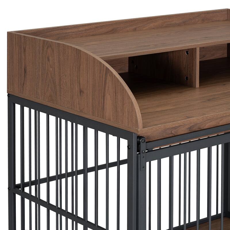 44"Heavy Duty Large Dog Crate Furniture with Lockable Wheels, Wooden Dog Crate Dog Kennel, End Table with Double Layer Storage