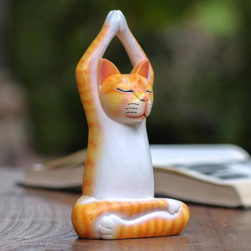 Novica Handmade Toward The Sky Orange Yoga Cat Wood Sculpture