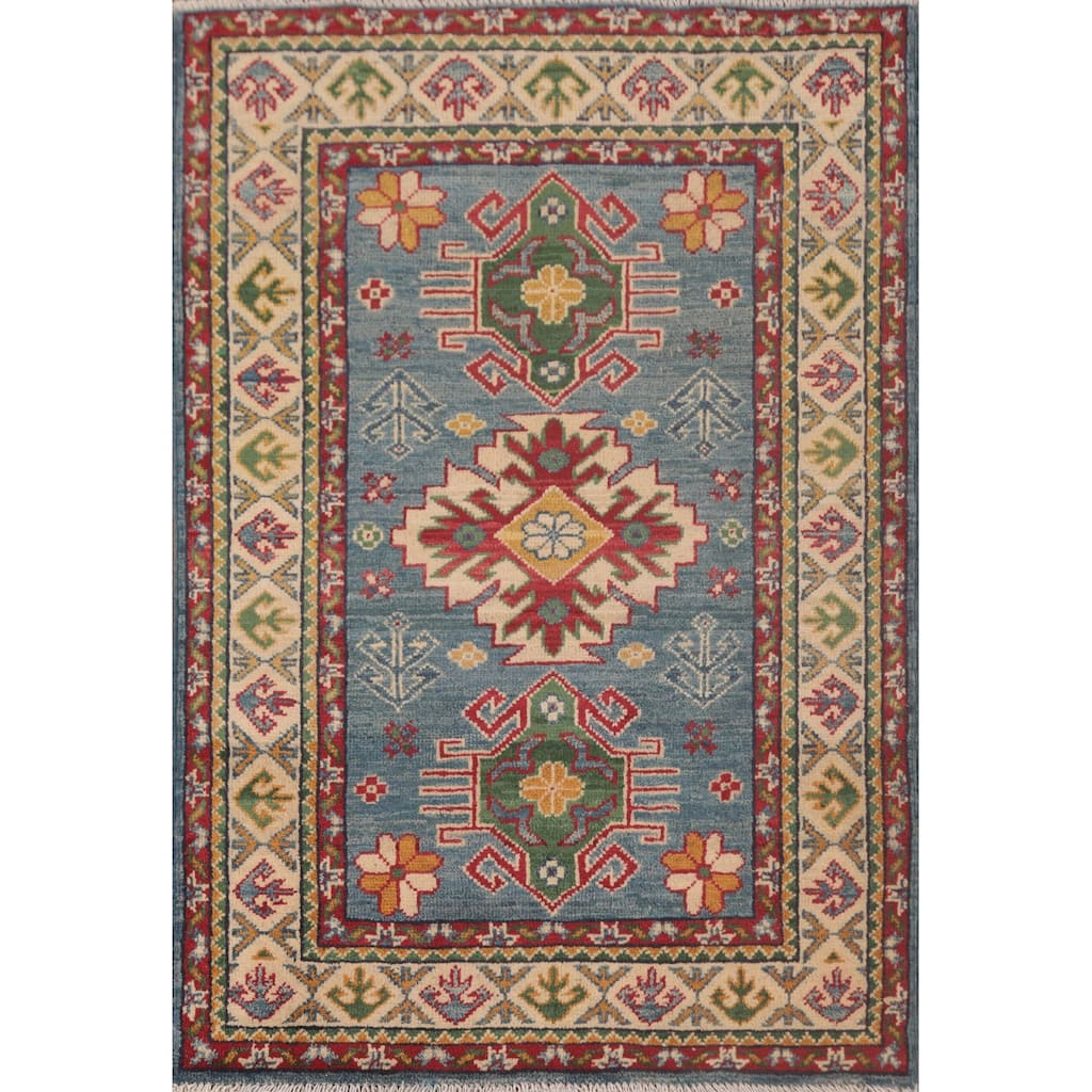Light Blue Kazak Oriental Foyer Rug Hand-Knotted Wool Carpet - 2'10" x 4'1"