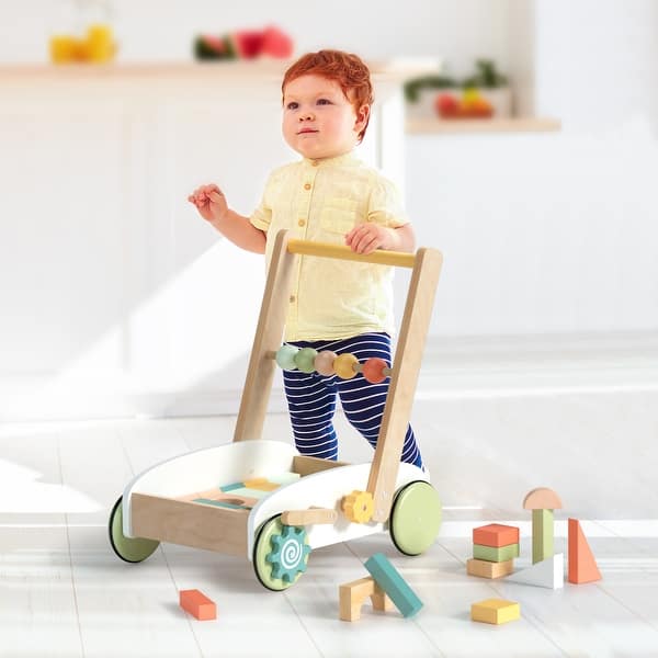 slide 2 of 6, Wooden Baby Walker with Building Blocks, Push Toys for Babies Learning to Walk - BROWN BROWN
