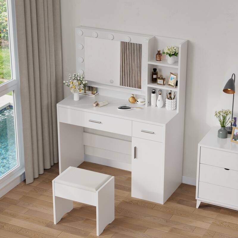 Kullavik Makeup Vanity Desk Set with Stool, Adjustable Lighted Mirror and Storage - White