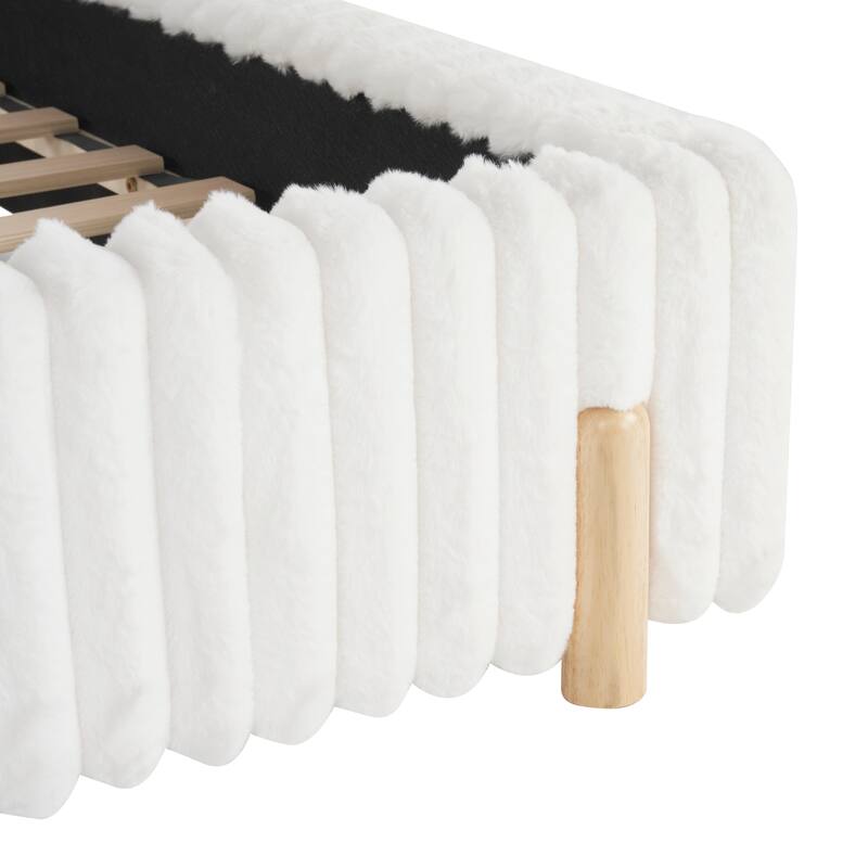 Sleek White Boucle Upholstered Bed with Wavy Headboard & Vertical Stitching, King