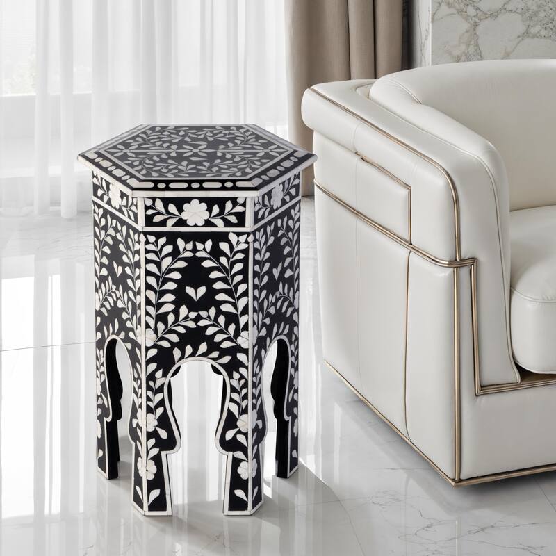 Amaya 16 in. W Hexagon Bone Inlay Side Table - Black Bone