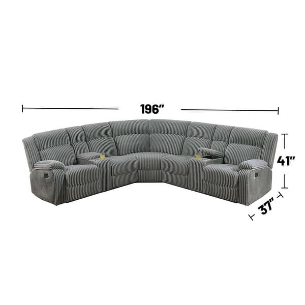 dimension image slide 1 of 2, Fur-Like Corduroy Upholstered Manual Motion Sectional with 2 Consoles in Smoke