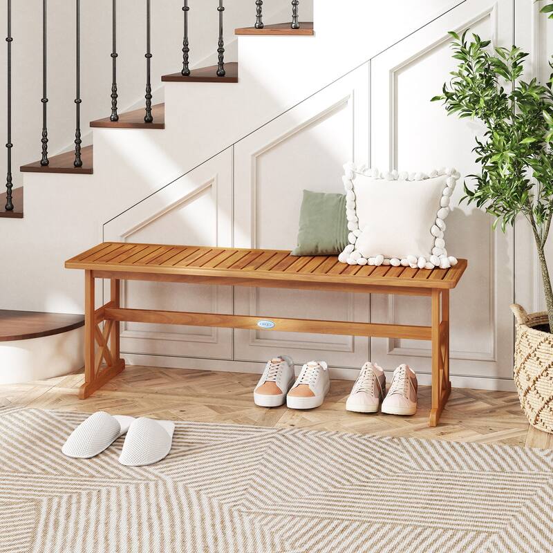 Gymax 2 PCS 51 Inches Acacia Wood Outdoor Bench w/ Slatted Seat &